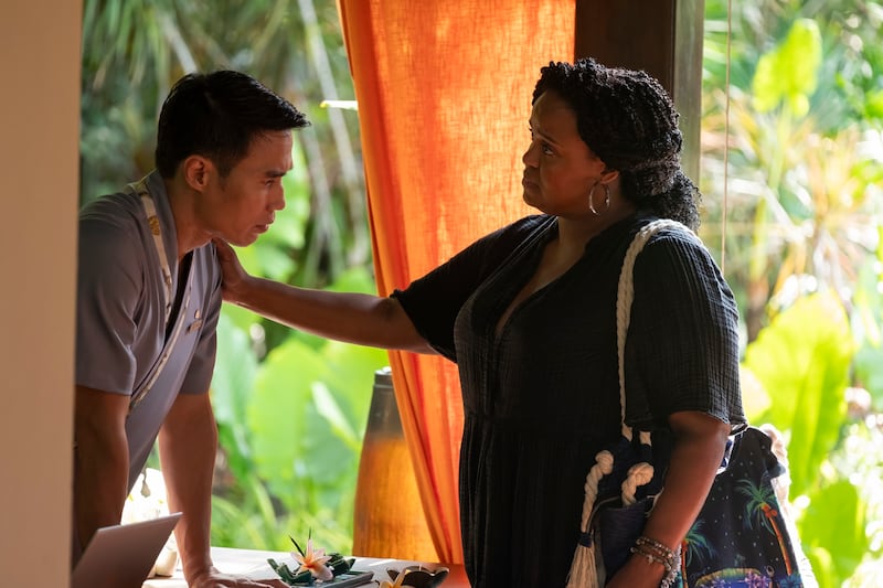 Dom Hetrakul as Pornchai and Natasha Rothwell as Belinda on Season 3 of “The White Lotus”