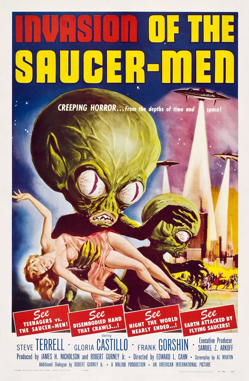 A poster for the 1957 sci-fi horror movie "Invasion of the Saucer- Men," illustrated by Albert Kallis.