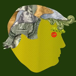 Photo illustration of Donald Trump made out of money on a green background.