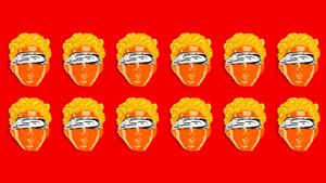 Illustration of Lady Liberty's head with Trump coloring, wearing a blindfold, on a red background