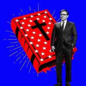 A photo illustration of House Speaker Mike Johnson and a Bible with USA flag stars.