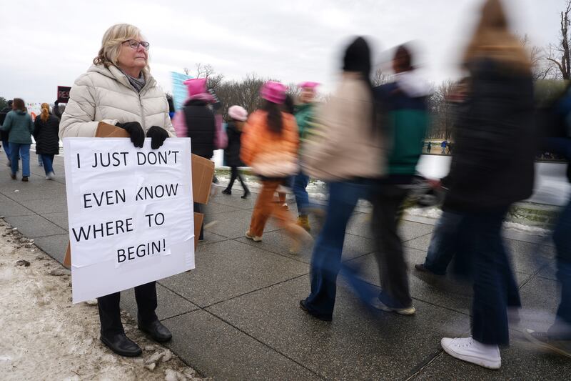 Protestors representing a variety of rights groups attend the "People's March on Washington" on January 18, 2025 in Washington, D.C., rallying in opposition to the incoming Trump administration's policies.