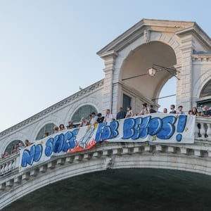 'No Space for Bezos' banner