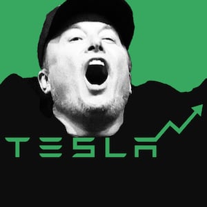 Elon Musk celebrating with the Tesla logo combined with an up arrow on a green background