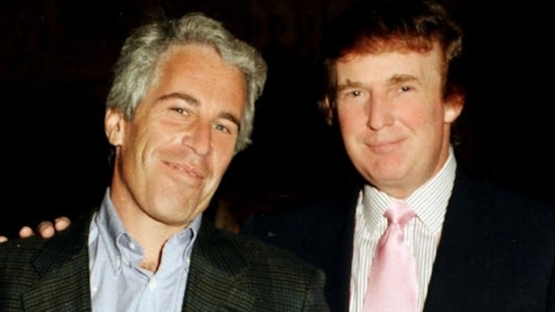 Portrait of American financier Jeffrey Epstein (left) and real estate developer Donald Trump as they pose together at the Mar-a-Lago estate, Palm Beach, Florida, 1997.(Photo by Davidoff Studios/Getty Images)