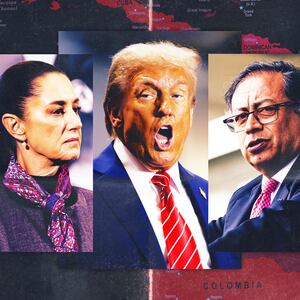 A photo illustration of Mexican President Claudia Sheinbaum, Donald Trump, and Colombian President Gustavo Petro.