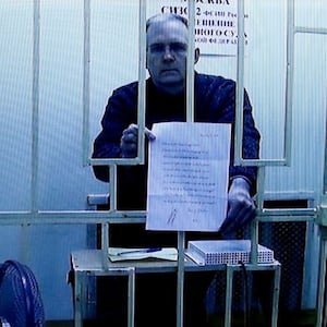Former U.S. marine officer Paul Whelan, who is charged with espionage against Russia, attends a court hearing via a video link in Moscow. 