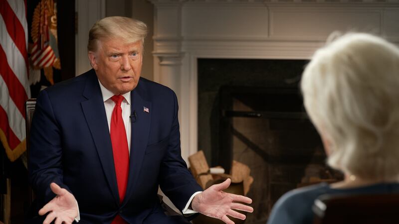 Still frames from the 60 MINUTES hour on Sunday Oct. 25, 2020 with the presidential candidates that in Nielsen Fast National ratings drew the most viewers to the CBS News magazine since March 25, 2020.  The traditional pre-election edition of 60 MINUTES caused headlines before its broadcast when President Trump broke an agreement with 60 MINUTES and released the video of his interview Thursday on Facebook.  Pictured: President Donald Trump during his interview with 60 Minutes correspondent Lesley Stahl