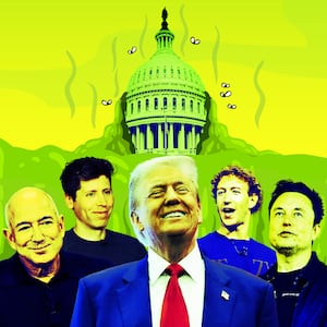A photo illustration of Jeff Bezos, Sam Altman, Donald Trump, Mark Zuckerberg, and Elon Musk in front of a swampy Capitol.