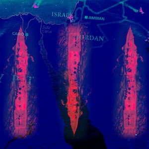 A photo illustration of navy destroyers and carriers over a map of the Red Sea and Middle East.