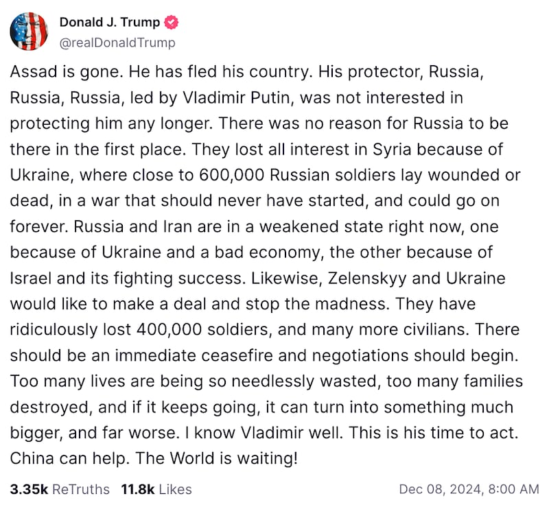 A Truth Social post by President-elect Donald Trump in which he encourages Russian President Vladimir Putin to pursue a ceasefire in Ukraine.