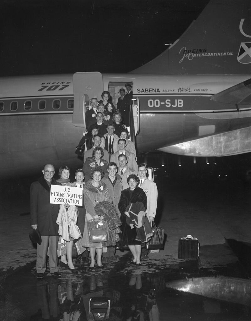 The 18 members of the U.S. figure skating team are shown as they boarded the ill-fated Sabena Flight 548.