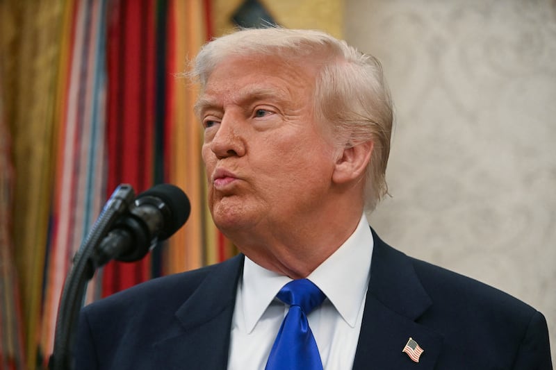 President Donald Trump speaks during an event in the Oval Office of the White House in Washington, DC, on May 5, 2025.