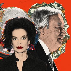 Photo illustration of Bianca Jagger and Antonio Guterres.