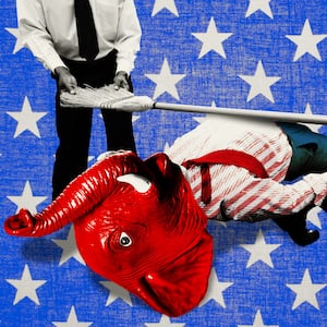Red elephant head on a business man's body doing the limbo on a blue and white star background
