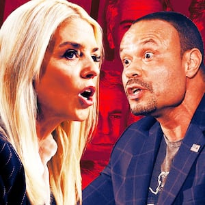 A photo illustration of Pam Bondi, Dan Bongino, and a background of Jeffrey Epstein photos.
