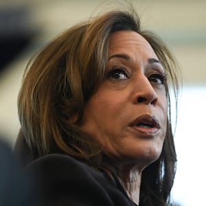 US Vice President Kamala Harris speaks during a briefing on the federal response to the Los Angeles wildfires in the Oval Office of the White House in Washington, DC, on January 10, 2025. (Photo by ANDREW CABALLERO-REYNOLDS / AFP) (Photo by ANDREW CABALLERO-REYNOLDS/AFP via Getty Images)