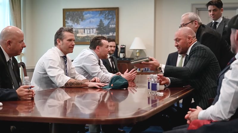 Phil Hegseth (center left) during Pete Hegseth's meeting with MMA fighter Conor McGregor at the Pentagon.