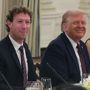 WASHINGTON, DC - SEPTEMBER 04: (L-R) White House “AI and Crypto Czar” David Scahs, Meta CEO Mark Zuckerberg, U.S. President Donald Trump and first lady Melania Trump share a moment during a dinner at the State Dining Room of the White House on September 4, 2025 in Washington, DC. President Trump hosted tech and business leaders for dinner after they joined the first lady’s meeting of the Artificial Intelligence (AI) Education Task Force at the White House this afternoon. (Photo by Alex Wong/Getty Images)