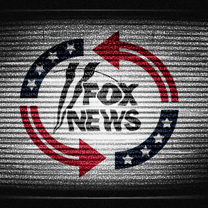 Photo illustrative gif of an adapted version of the Turning Point USA logo with a glitching Fox News logo on a static TV screen.