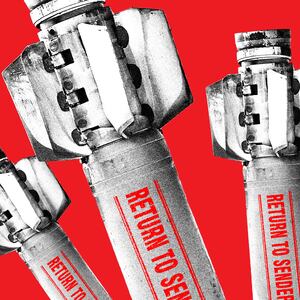 A photo illustration featuring cluster bombs with the label “return to sender” across them