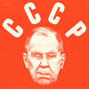 Sergei Lavrov winking below "CCCP"