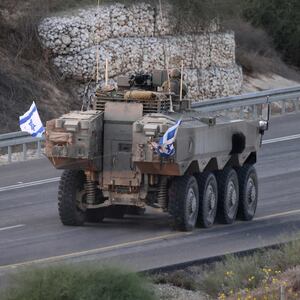 An Israeli tank heads toward the Gaza border. 
