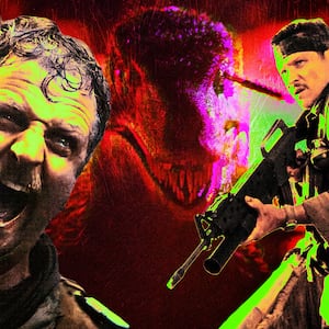A photo illustration of the Primitive War dinosaur movie.