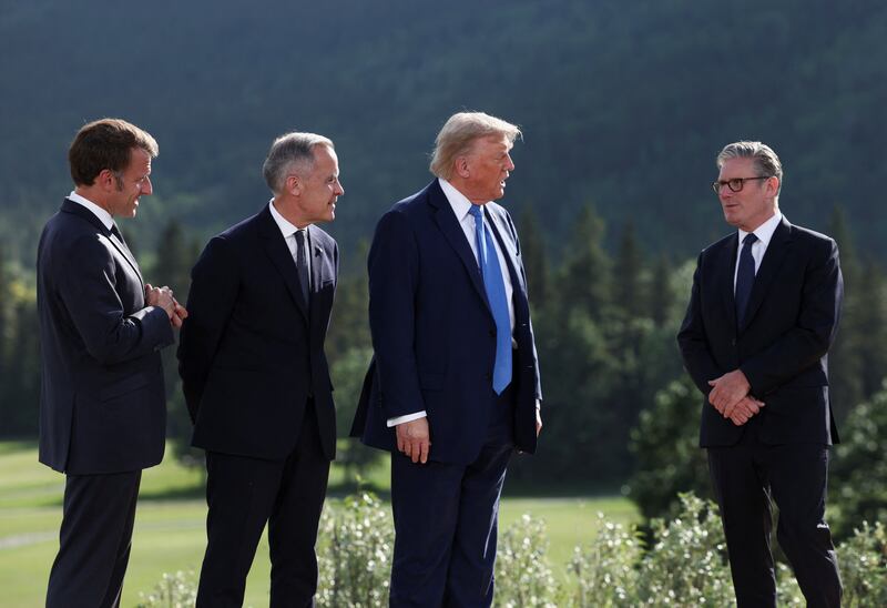 French President Emmanuel Macron, Canada's Prime Minister Mark Carney, U.S. President Donald Trump and British Prime Minister Keir Starmer at the G7.