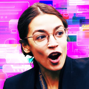 A photo illustration of Rep. Alexandria Ocasio-Cortez holding her phone.