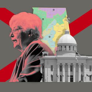 A photo illustration of Alabama congressional election map, Governor Kay Ivey, and the Alabama state capitol building.