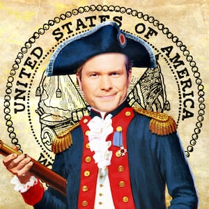 A photo illustration of Sec of Defense Pete Hegseth dressed up as a Revolutionary War solider in front of the old War Office seal.