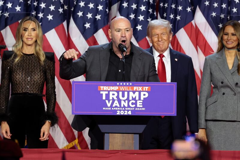 CEO of the Ultimate Fighting Championship Dana White speaks during an election night event for Republican presidential nominee, former U.S. President Donald Trump at the Palm Beach Convention Center on November 06, 2024 in West Palm Beach, Florida.