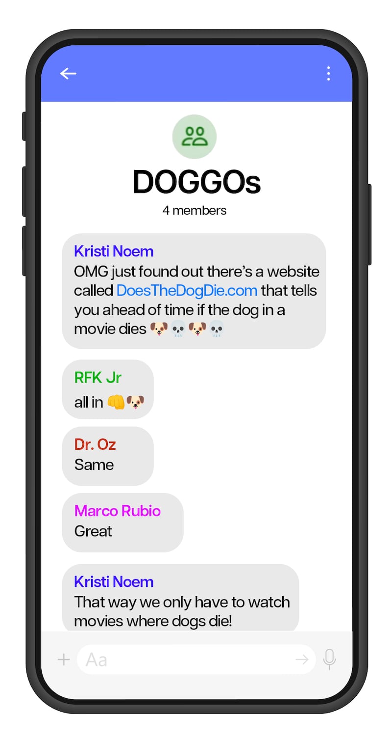 Parody recreated Signal text messages between Trump's cabinet and administration.