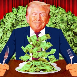 Donald Trump dining with mountains of money.