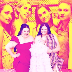 A photo illustration of Lena Dunham, Meg Stalter, and Zosia Mamet, Jemima Kirke, and Allison Williams in "Girls."