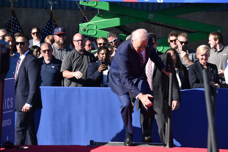 Biden trips and falls prior to his remarks on Israel in Philadelphia, Pennsylvania, on October 13, 2023.