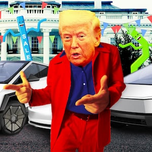 A photo illustration of President Donald Trump looking like a used car salesman in front of the White House with Tesla cars.