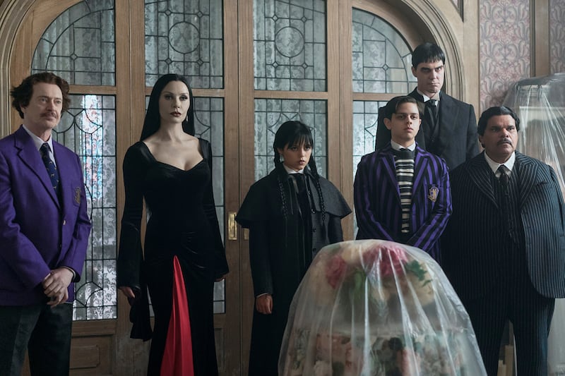 Steve Buscemi as Barry Dort, Catherine Zeta-Jones as Morticia Addams, Jenna Ortega as Wednesday Addams, Isaac Ordonez as Pugsley Addams, Joonas Suotamo as Lurch, and Luis Guzmán as Gomez Addams.