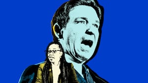A photo illustration of Governor Ron DeSantis and Monique H. Worrell