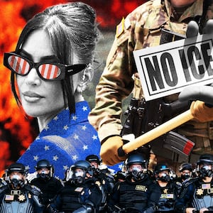 Kim Kardashian collaged with images of the ICE protests in Los Angeles