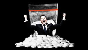 Elon Musk with raised excited hands coming out of pills and a bag of powder behind him