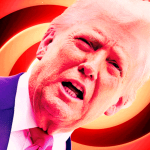 An animated GIF of President Donald Trump with a red spiral animation behind his head.