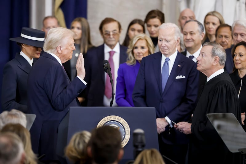 Chief Justice John Roberts administers the presidential oath to Donald Trump on Jan. 20, 2025.