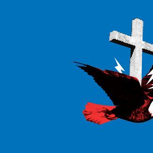 A photo illustration of a bald eagle with a cross hitting it in the back.