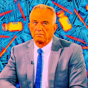 A photo illustration of RFK Jr., money, and broken vaccines.