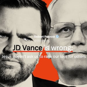 Vice President JD Vance and Pope Leo XIV on a red background with a tweet from then-Robert Prevost saying, "JD Vance is wrong"