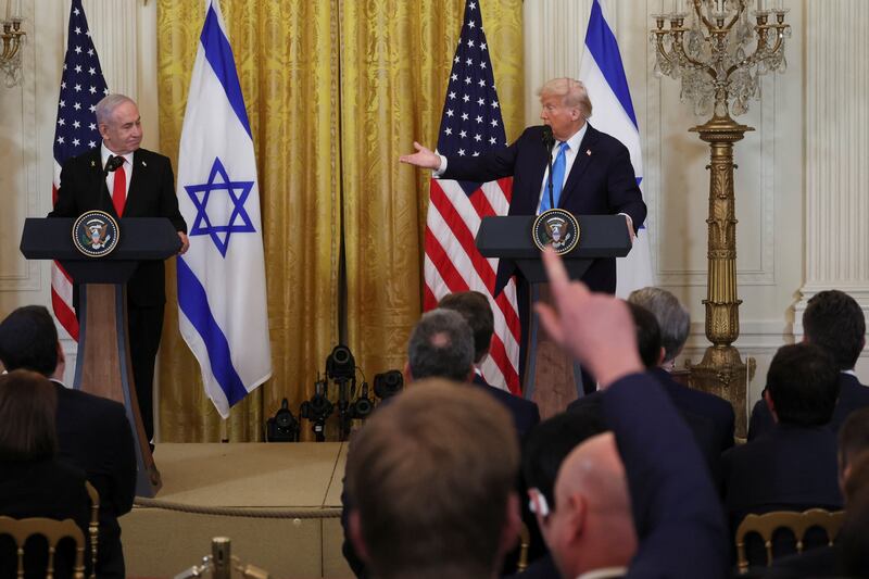 U.S. President Donald Trump and Israeli Prime Minister Benjamin Netanyahu hold a joint press conference in the East Room at the White House in Washington, U.S., February 4, 2025. REUTERS/Leah Millis