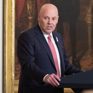 US Postmaster General Louis DeJoy of the US Postal Service speaks during the unveiling of a new US Postal Service stamp honoring former First Lady Betty Ford during a ceremony in the East Room of the White House in Washington, DC, March 6, 2024. (Photo by SAUL LOEB / AFP) (Photo by SAUL LOEB/AFP via Getty Images)
