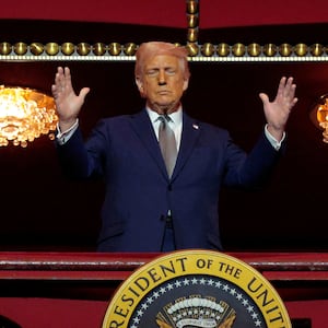 President Donald Trump looks down from the Presidential Box in the Opera House at the John F. Kennedy Center for the Performing Arts